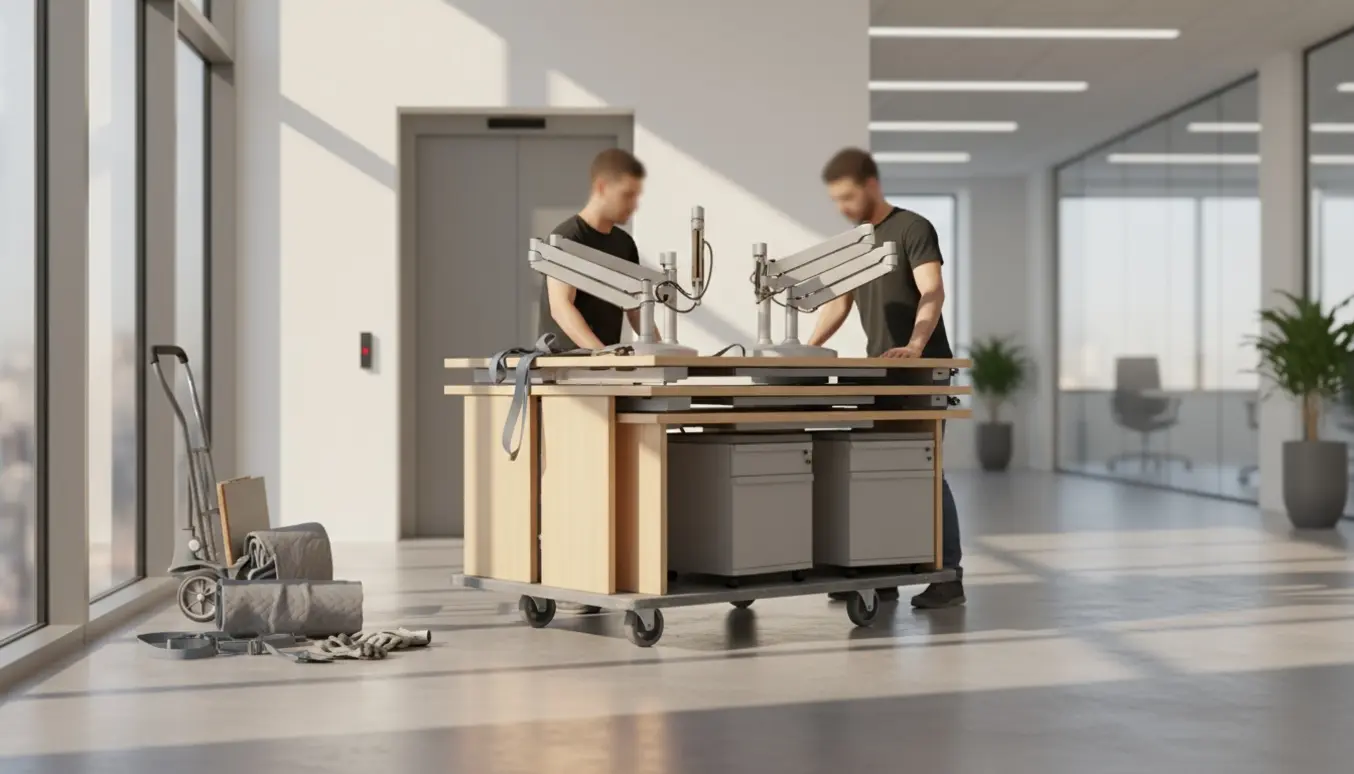 Flyttefolk læsser kontorborde og et skuffedarium i elevatoren på en øvre etage, med synlige monitorarme.