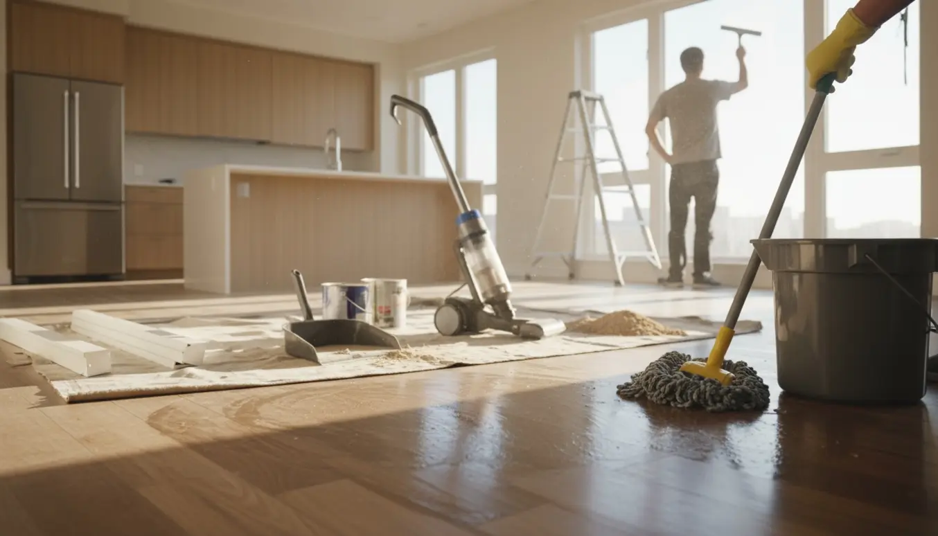 Solbelyst, nyrenoveret bolig hvor gulvet moppes og støv efter renovering fjernes.