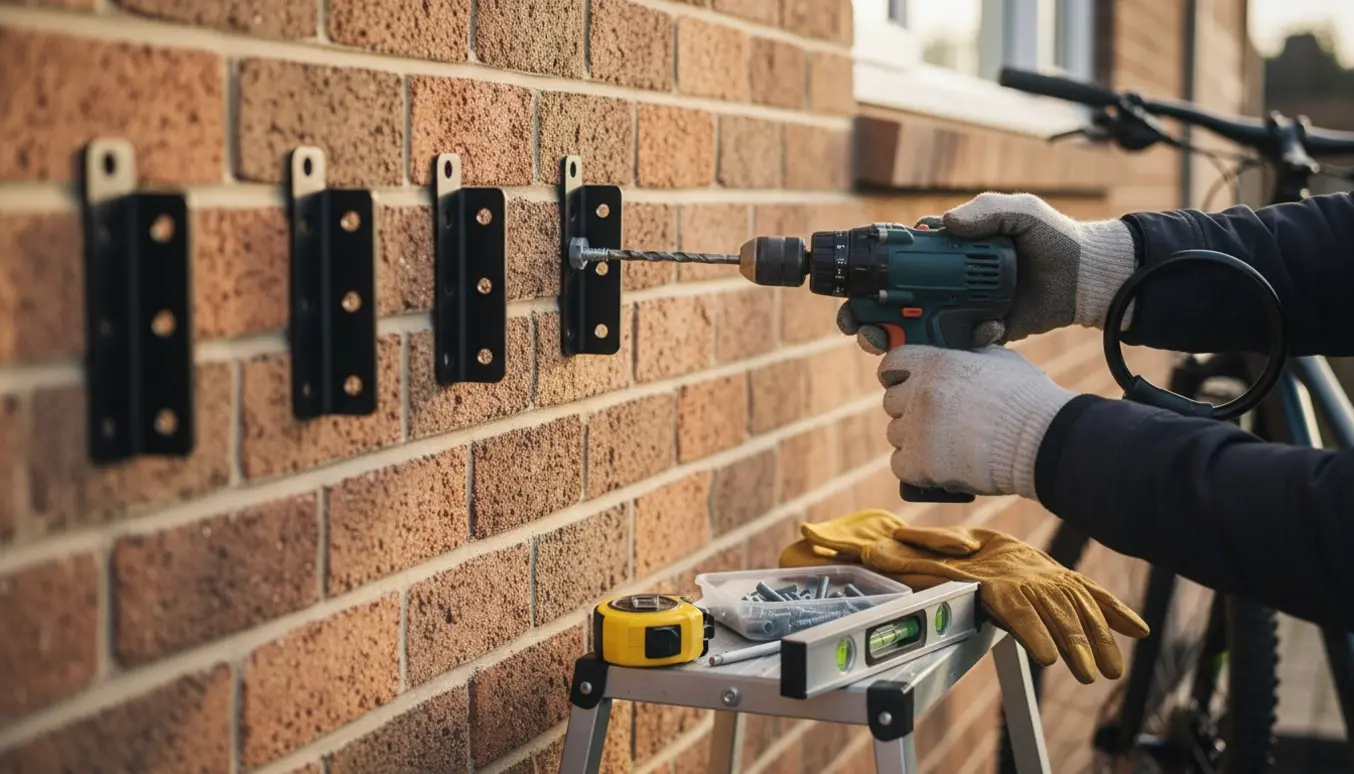 Nærbillede af montering af tre beslag på en husfacade med skruemaskine og cykellås.