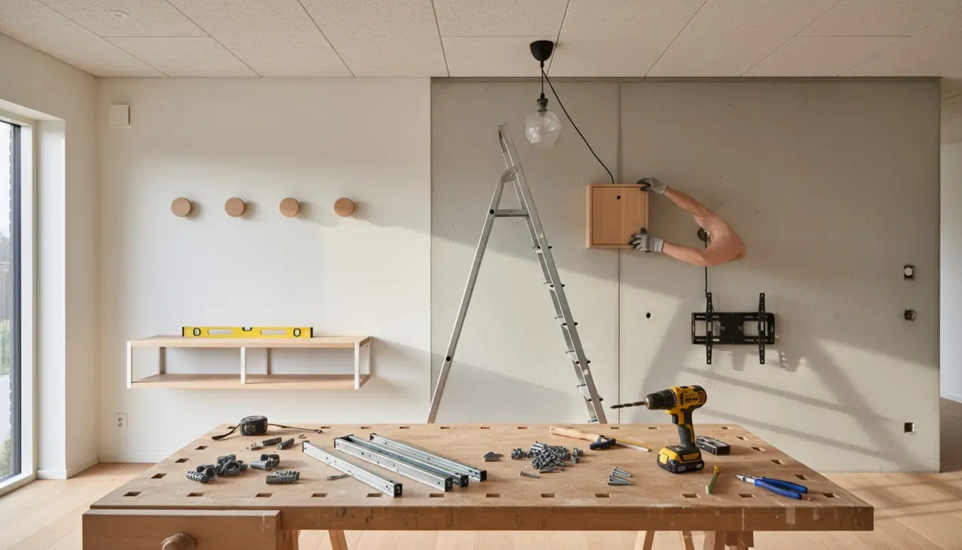Håndværker monterer lamper, hylde, knager og skab på en lys væg med værktøj og stige i et skandinavisk rum.