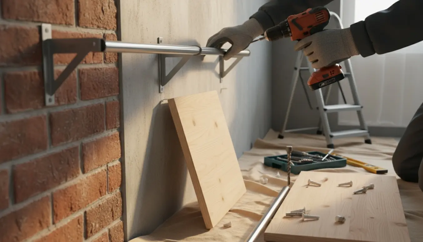 Nærbillede af hænder, der med boremaskine monterer en løs gardinstang og entréhylde ved en murstens- og betonvæg.