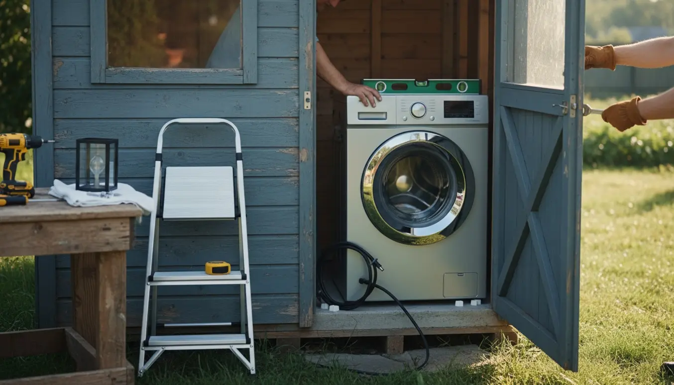Skur med skæv dør, ny vaskemaskine der nivellieres og værktøj til udskiftning af udendørslampe.