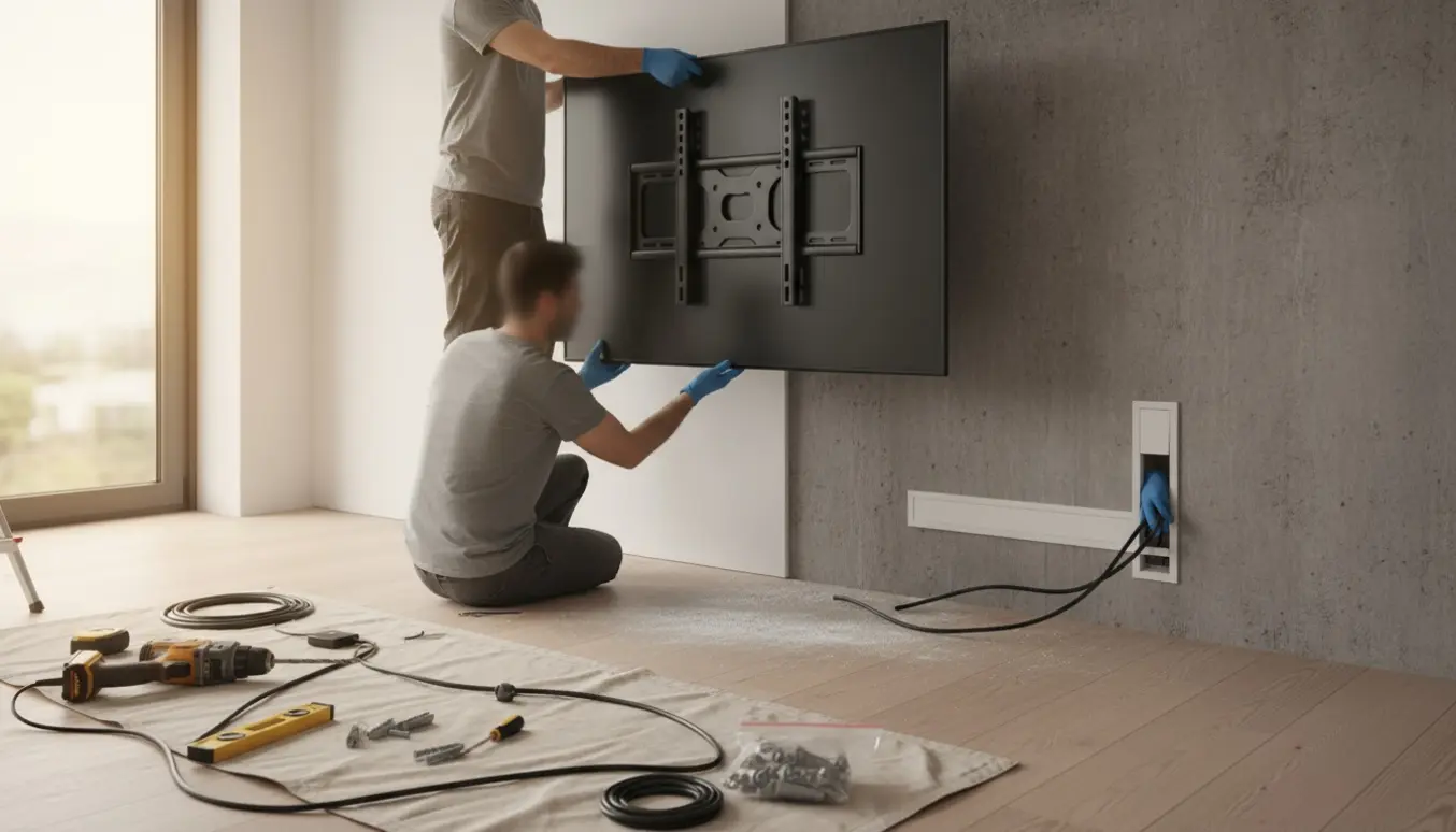 Nyt 50-tommer TV monteres på en væg med værktøj og skjulte kabler i en lyst stuemiljø.
