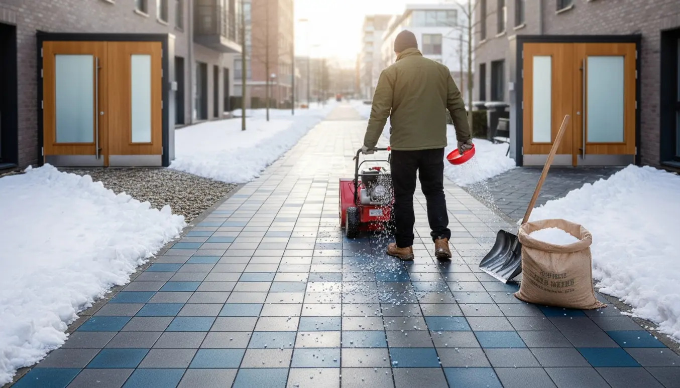 Rydet fortov og to indgangsstier med synligt salt på fliser og små sten.