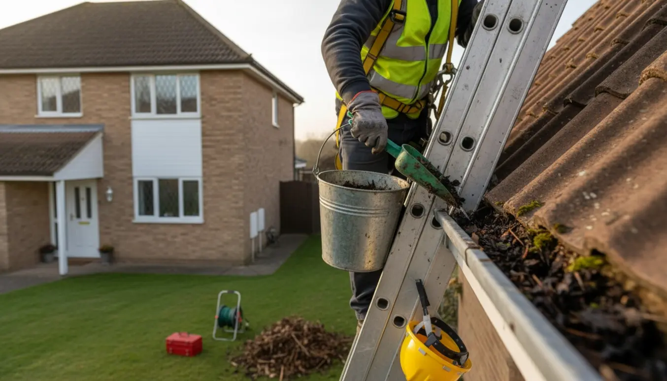 En arbejder på en stige fjerner blade og snavs fra en tagrende med handsker og sikkerhedsudstyr.