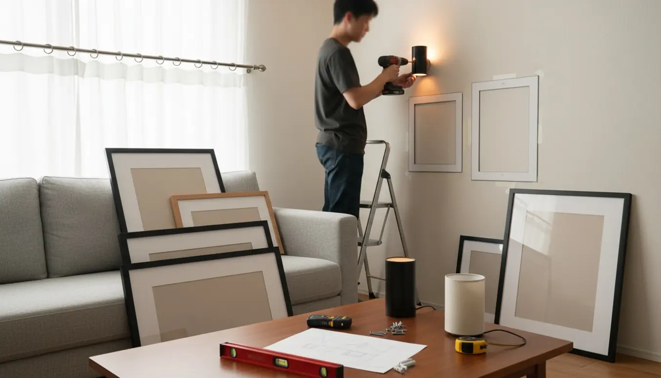 Person monterer gardinstang, væglamper og fire plakatrammer i et lyst stuehjørne.