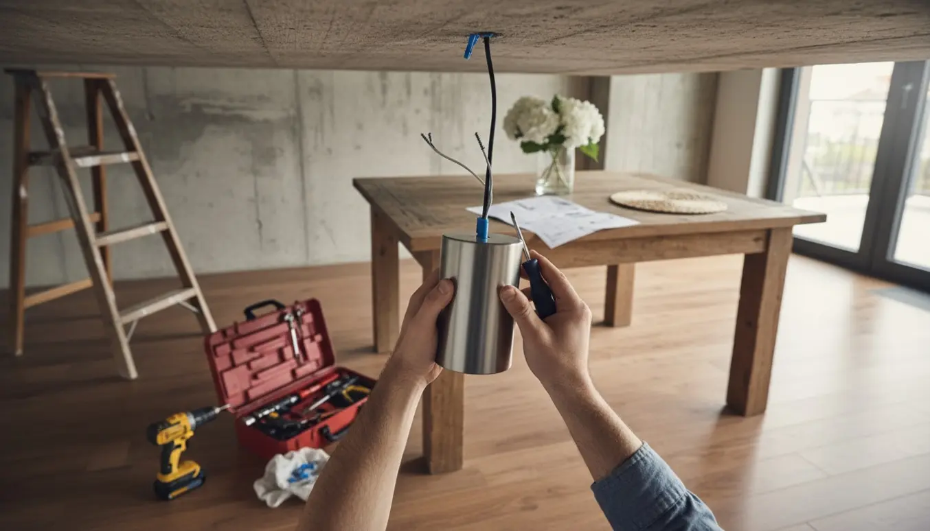 Hænder monterer en pendellampe i et betont loft over et spisebord med værktøj og rawplugs i nærheden.