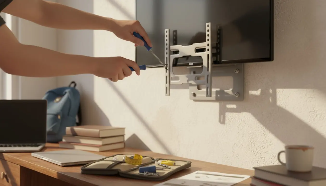 Hænder, der skruer et fladskærms-tv fast på et vægbeslag i en studielejlighed.