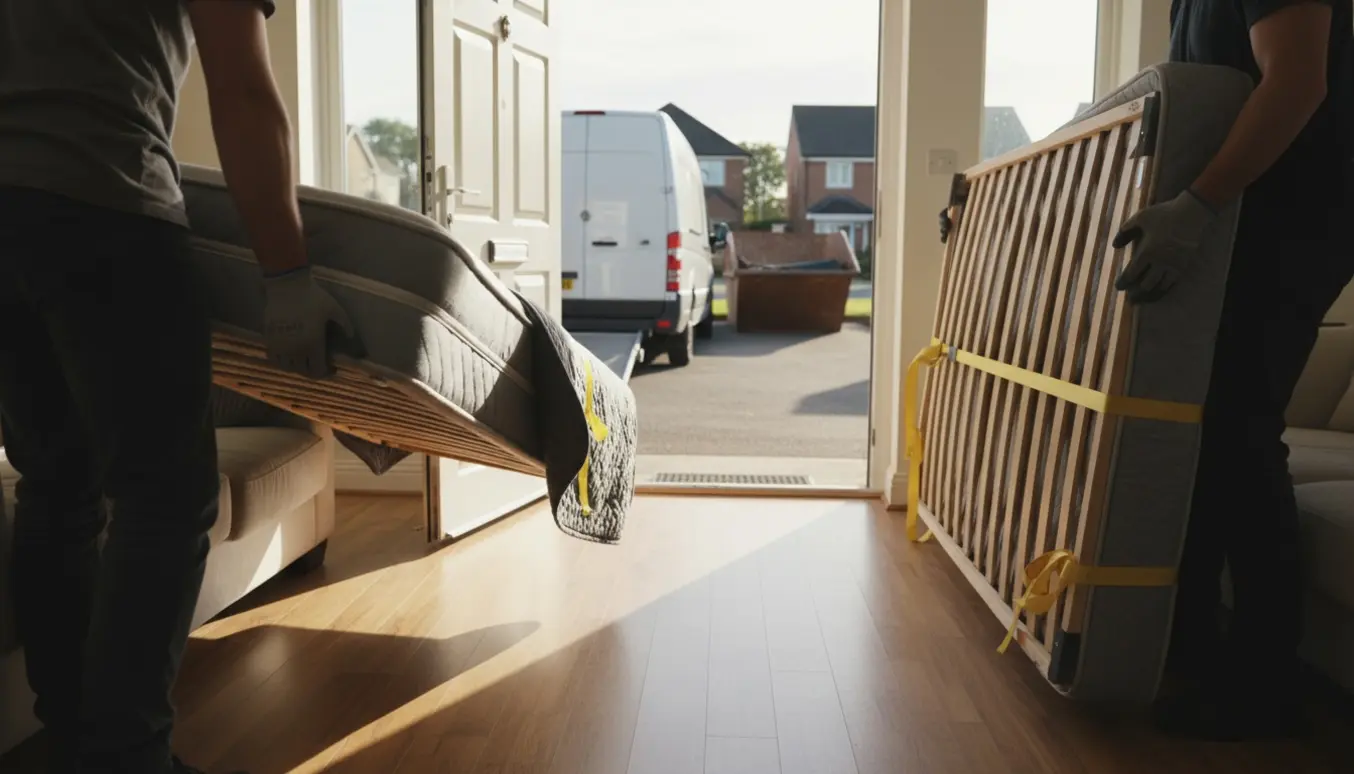 To personer bærer en smal dobbeltseng og topmadras ud af en stueetage mod en varebil og en åben container.