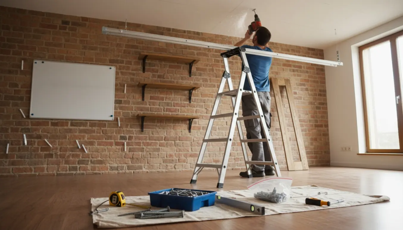 Værelse hvor gardinstang, to hattehylder og et whiteboard monteres på en muret væg med værktøj og skruer i forgrunden.