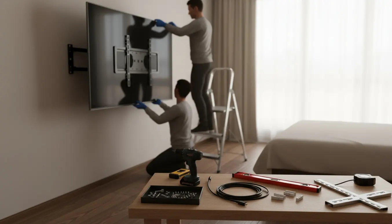 To personer monterer et stort fladskærms-tv på en væg i et værelse, den ene på en stige, den anden støtter TV'et.