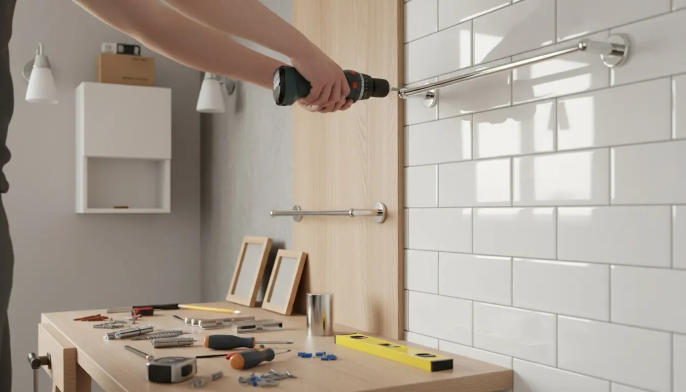 Hænder monterer en krom håndklædestang på en flisevæg i en ny lejlighed med værktøj og monteringsdele på et arbejdsbord.