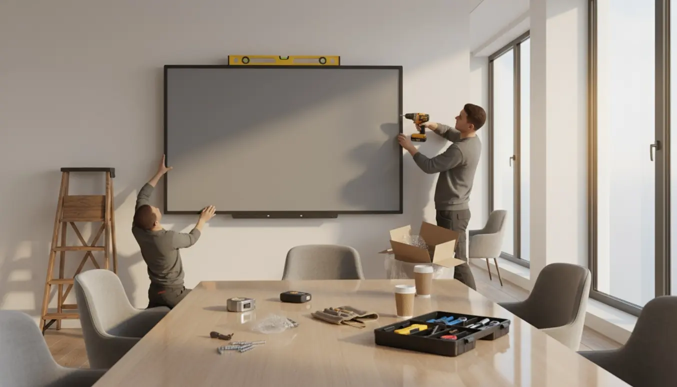 Hænder skruer en opslagstavle op i et mødelokale, mens affald og værktøj samles på bordet.