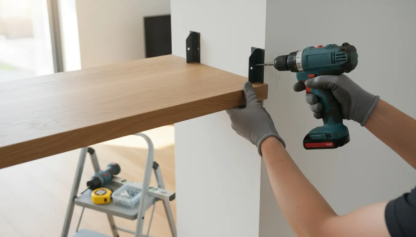 Hænder monterer et vægbeslag og forbereder en træhylde med boremaskine og skruemaskine i et lyst rum.
