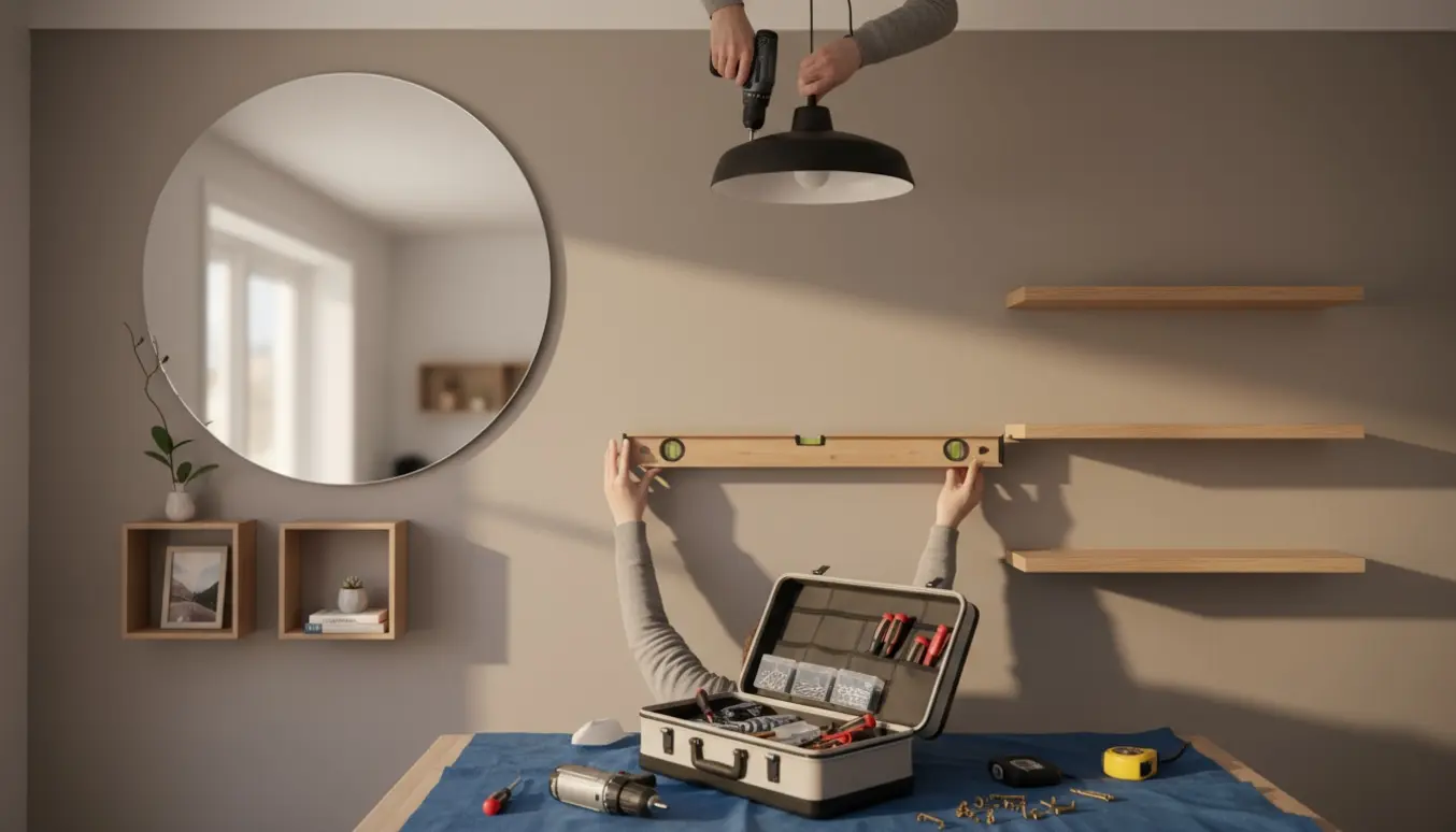 Hænder monterer loftlampe og sætter hylder, sættekasser og et stort spejl op med værktøj spredt på et tæppe.