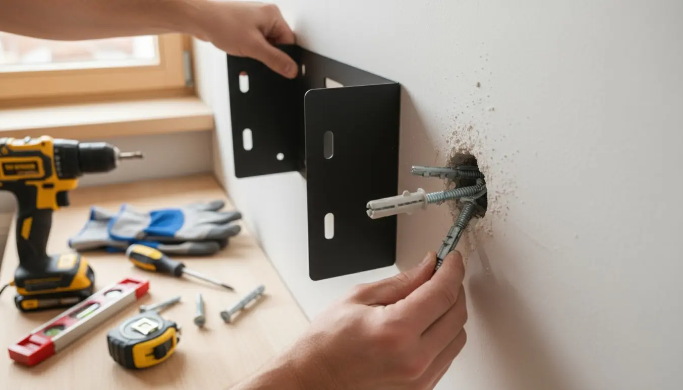 Nærbillede af montering af beslag til biopejs på gipsvæg med metal toggle-beslag og værktøj.