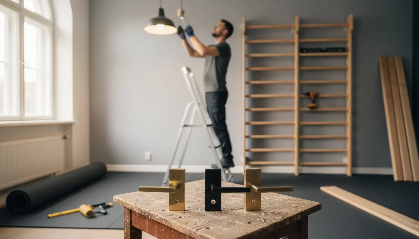 Håndværker på stige reparerer loftlampe i træningssal med dørhåndtag, delvist opsatte ribber og rulle med gummigulv i forgrunden.