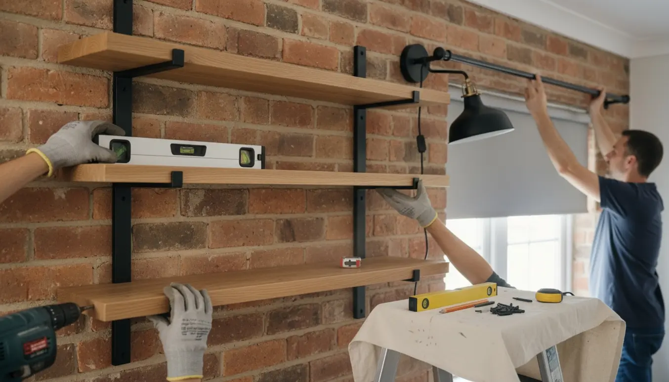 Hænder monterer seks hylder, en væglampe, et rullegardin og en gardinstang på en murstensvæg.