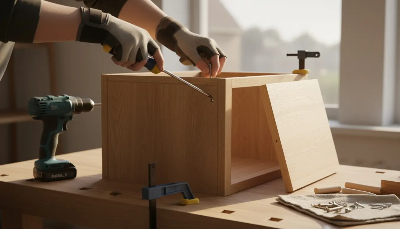 Halvfærdigt gør-det-selv natbord på arbejdsbord med hænder, der bruger adaptive værktøjer.