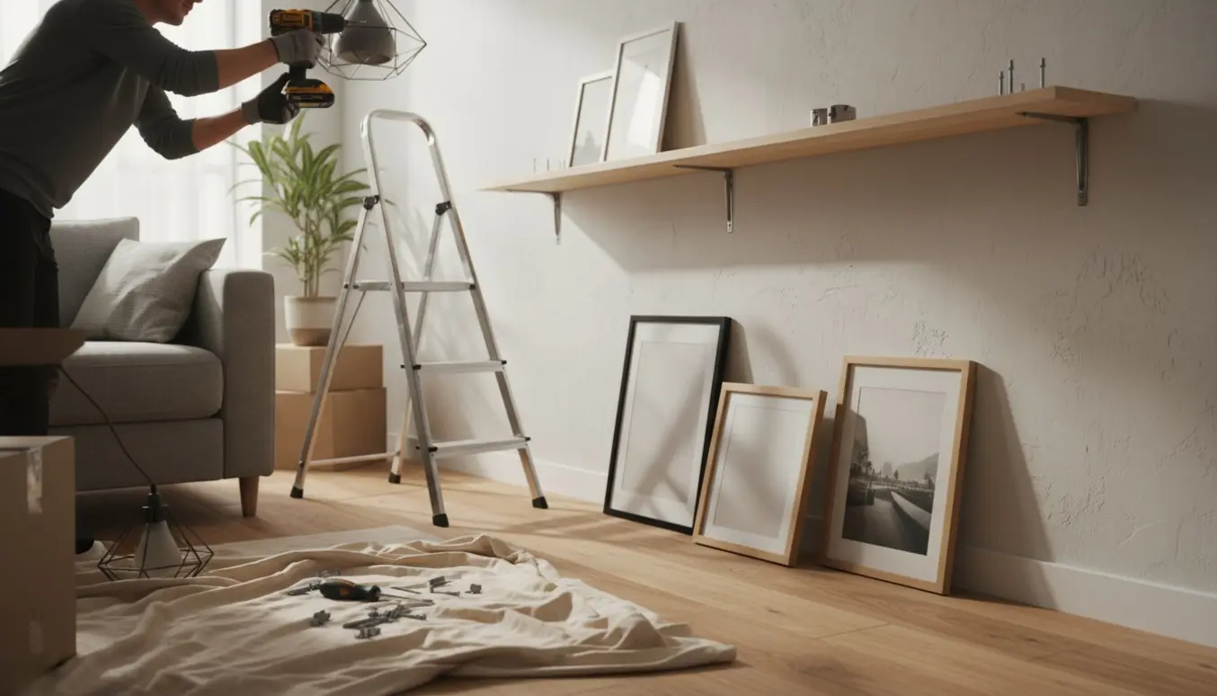 Solfyldt stue med værktøj og hænder, der monterer lampe og hylde i en ny lejlighed.