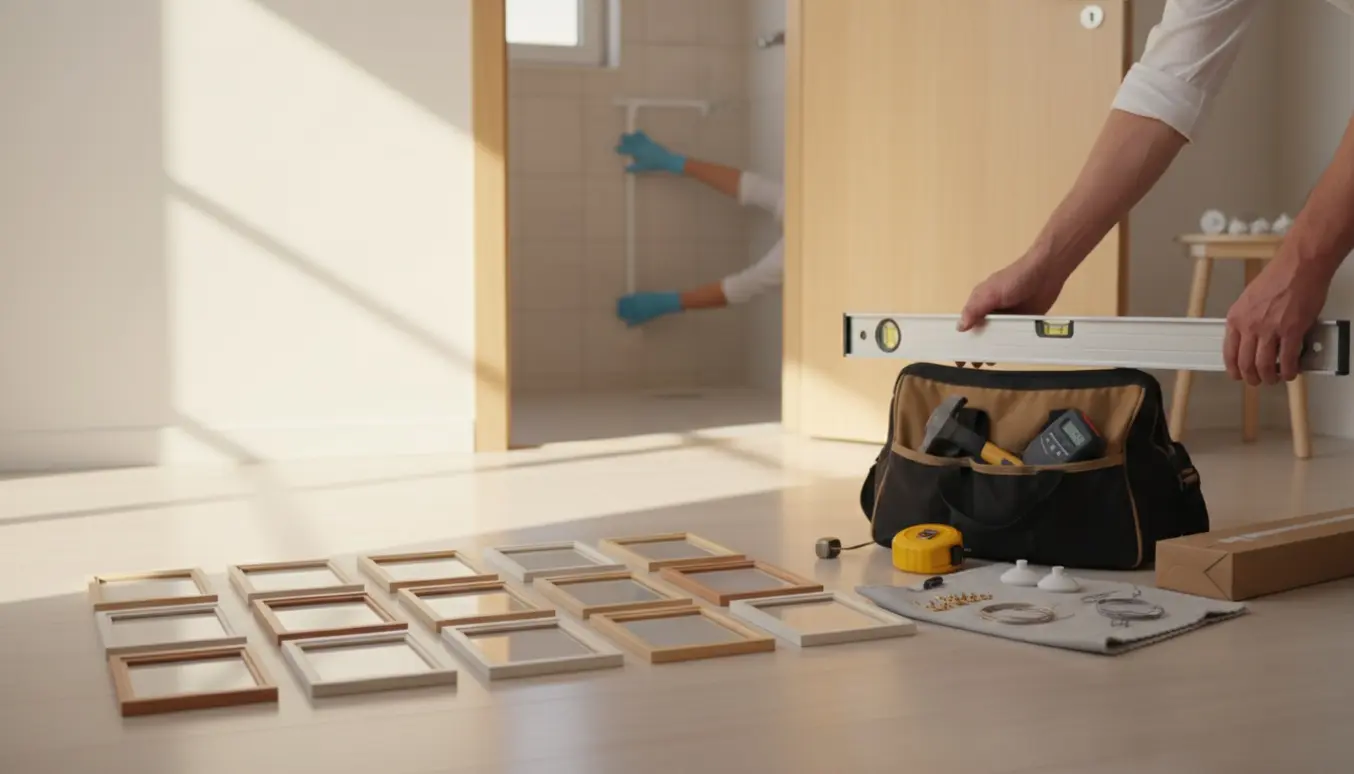 Hænder holder vaterpas ved små billedrammer med en sugekopstang i brusenichen i baggrunden.