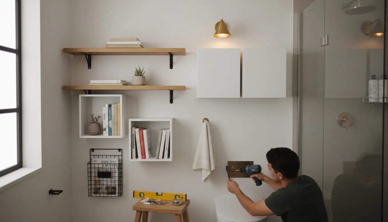 Nærbillede af montering af hylde med synlige hylder, bogkasser, badeværelsesskabe, lampe, magasinholder og håndklædekrog i et lyst hjem.