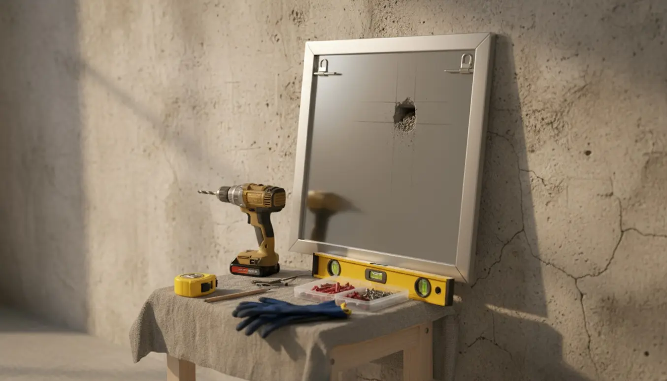 Spejl klar til montering på betonvæg med bor, rawlplugs og skruer lagt frem.
