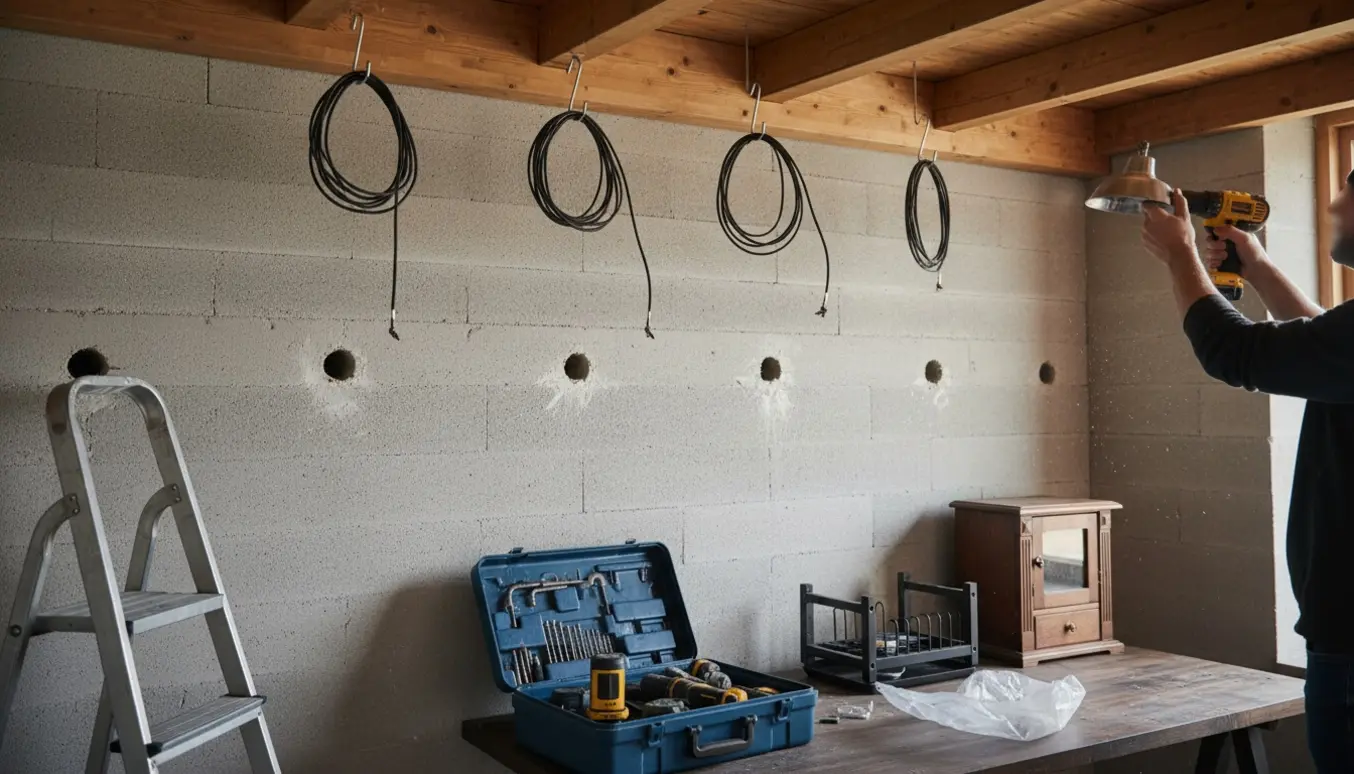 Hænder monterer loftslamper i træloft med værktøj og hylder ved en gasbetonvæg, mens en tom pose viser manglende rawlplugs.