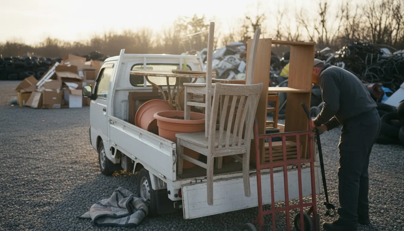 En pickup ved en genbrugsplads med to stole, et havebord, en reol i to dele og en krukke, mens en person læsser dem af.