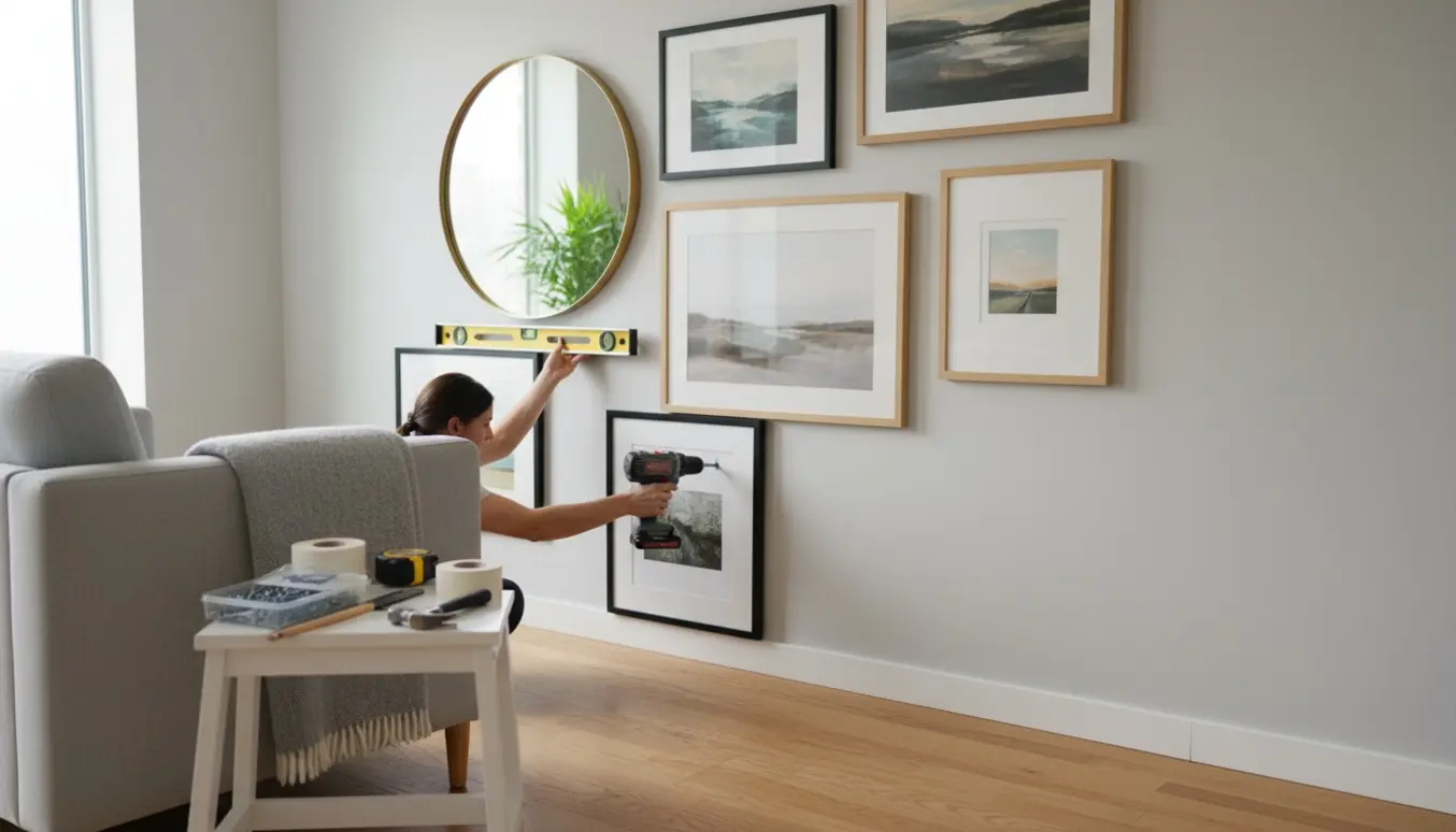 Hænder hænger fem-seks billeder og et rundt spejl på en stuevæg med værktøj og vaterpas.