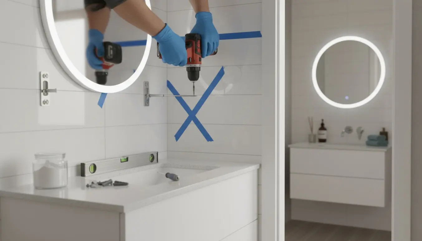 Hænder borer i fliser og monterer makeup-spejle i to badeværelser med værktøj på vasken.