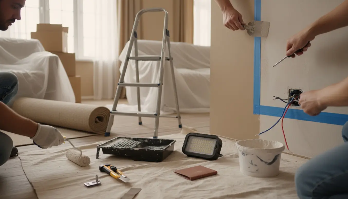 Rum under renovering med hænder, der maler væg, installerer stikkontakt, pudser væg og ruller et fjernet gulvtæppe sammen.