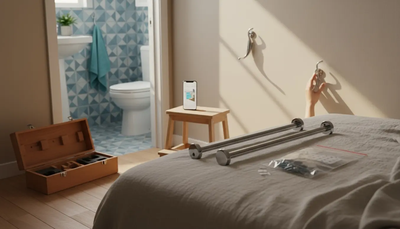 Hænder holder en krom håndklædeknage op mod væggen i et solbelyst soveværelse med ekstra holdere og en tom værktøjskasse i forgrunden og et ophæng over toilettet i baggrunden.