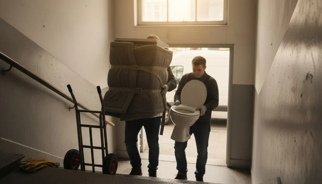 To personer bærer en gammel opvaskemaskine og et toilet ned ad en trappe mod en varevogn til genbrug.