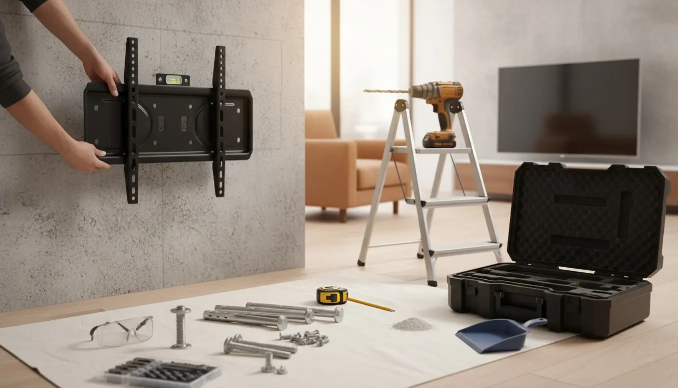 Hænder holder et TV-vægbeslag mod en rå betongvæg med borehammer og monteringsskruer klar.