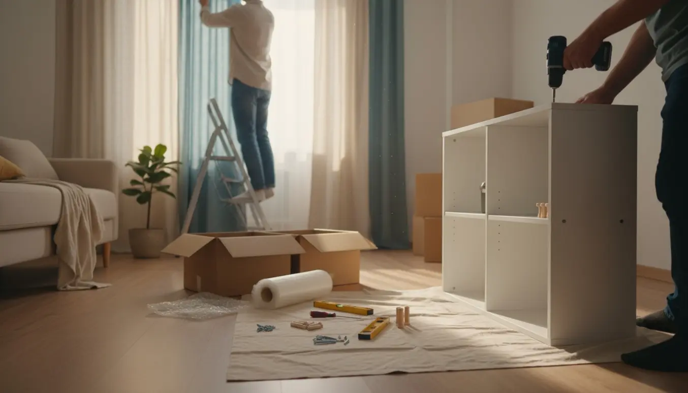 En person hænger gardiner og samler møbler i en lys, ryddelig stue med værktøj og flyttekasser.