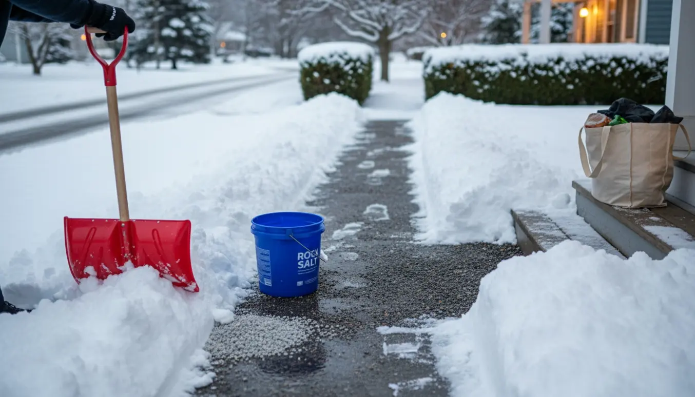 En ryddet snesti fra hus til hovedvej med en skovl, salt og et indkøbsnet.