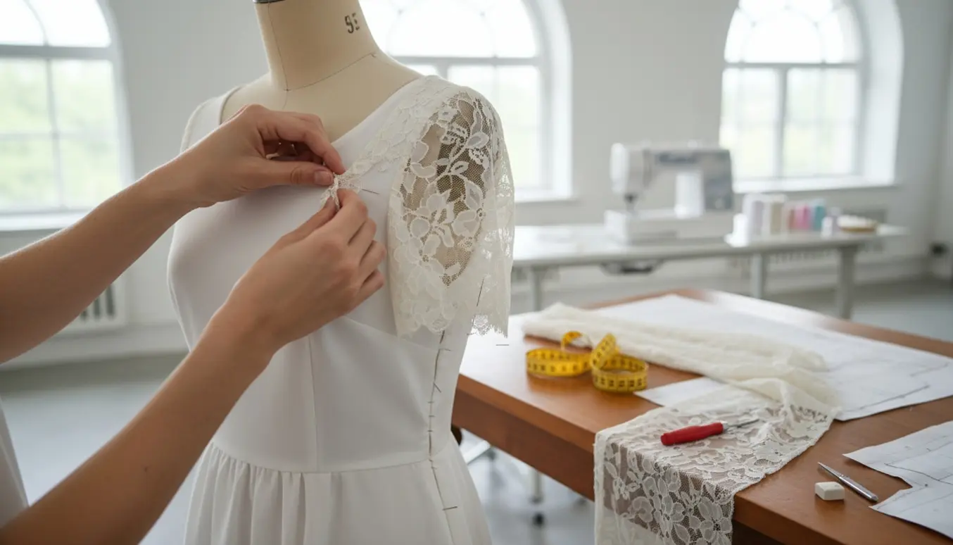 Nærbillede af hænder, der tilretter og fastgør blondeærmer på en hvid konfirmationskjole på en mannequin i et lyst syværksted.