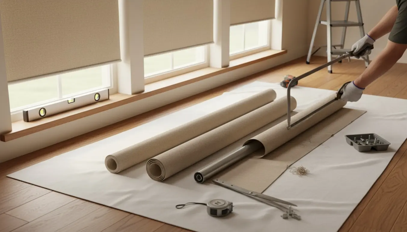 Fire rullegardiner ved et vindue, med tre stykkers afkortning og værktøj klar til montering.