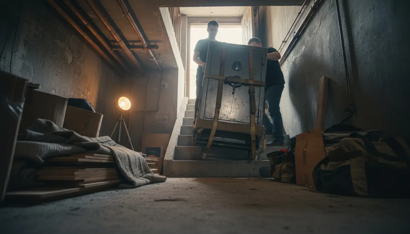 To flyttemænd trækker et tungt metalskab op ad en kældertrappe omgivet af gulvbrædder og flyttekasser.