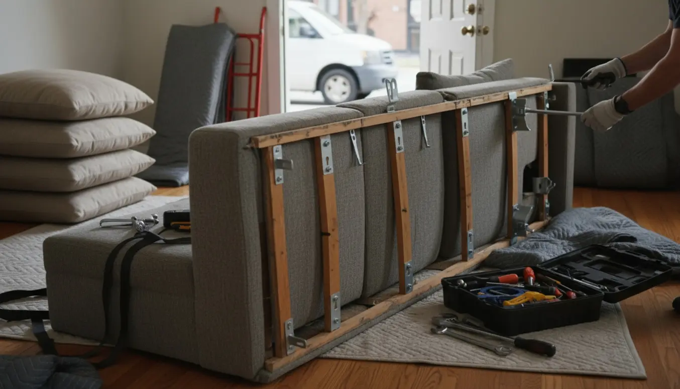 Nærbillede af en sofa-sektion, der skilles ad ved en døråbning med værktøj og handsker klar.