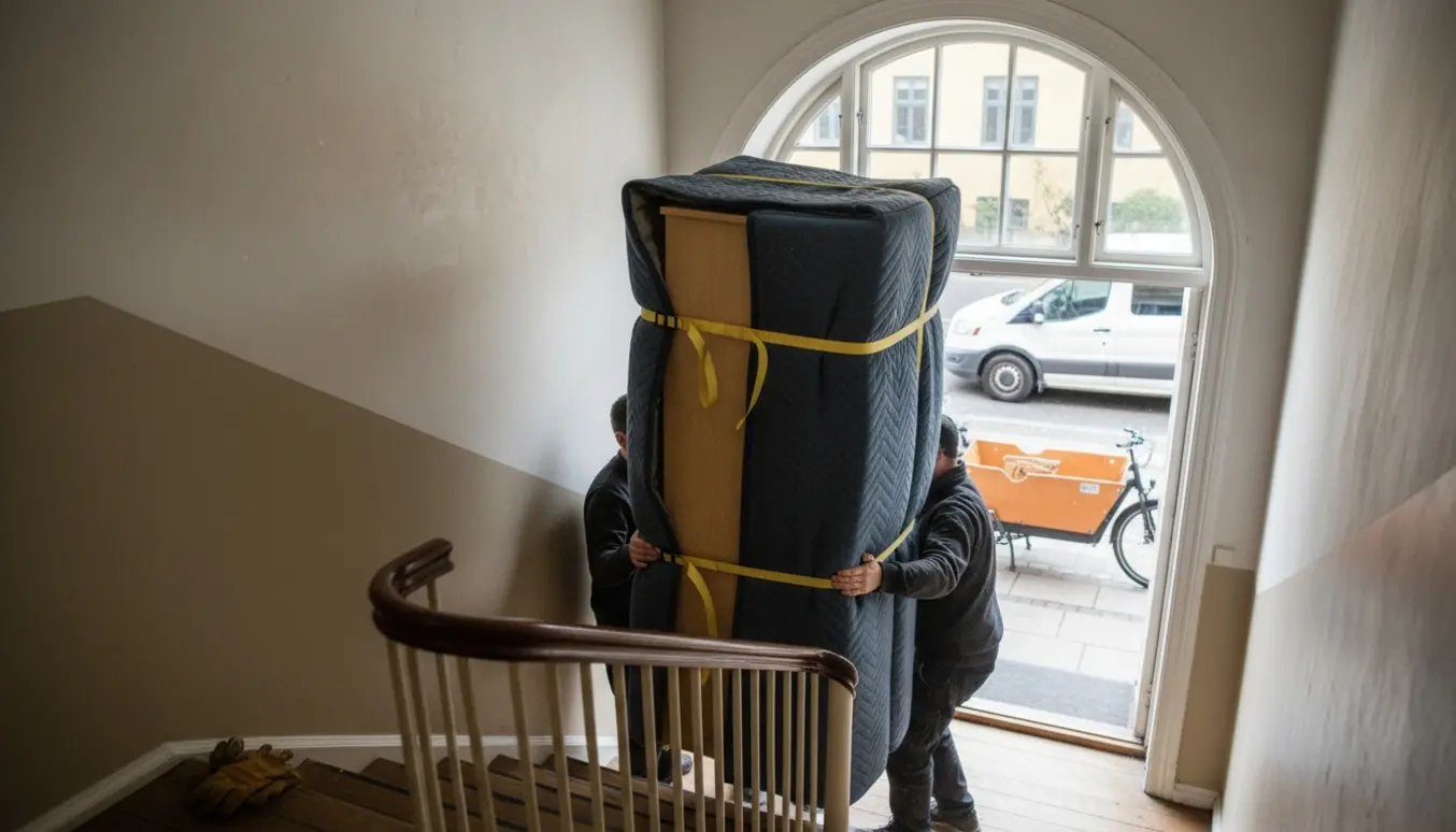 Et cirka 190 cm højt træskab pakket i flyttetæpper trækkes ned ad en trappe i en københavnsk opgang, mens en ladcykel og varebil venter udenfor.
