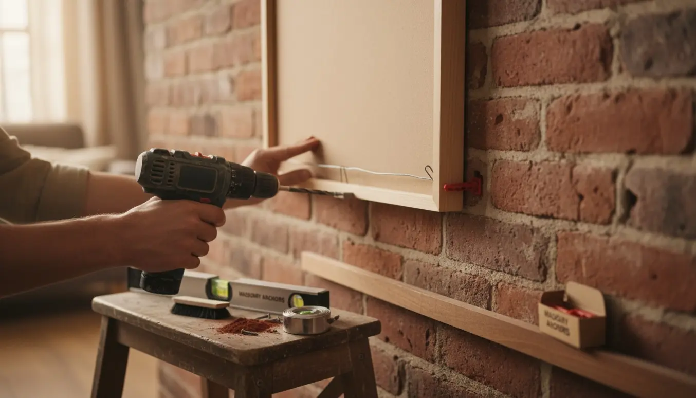 Hænger en større billedramme op på en almindelig murstensvæg med skruer og boreværktøj.