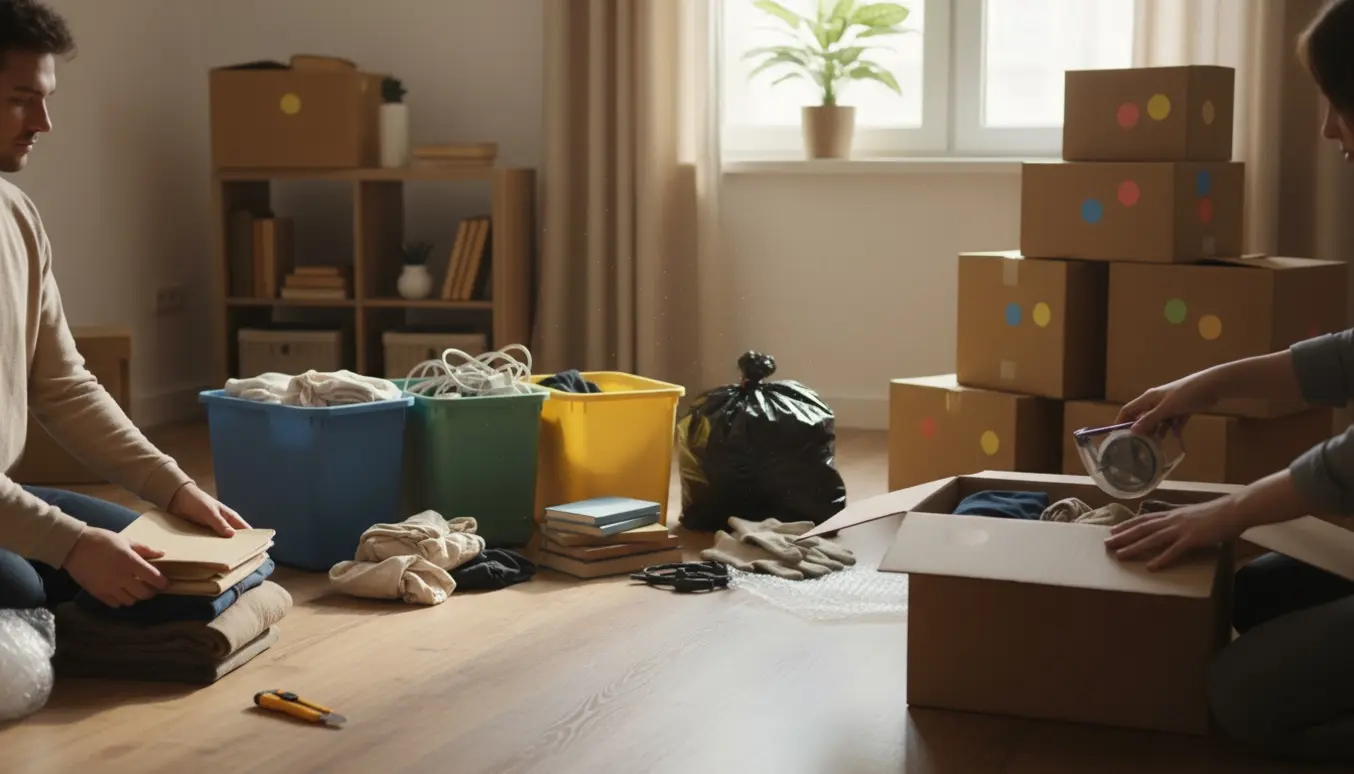 Hænder og torsoer sorterer og pakker diverse genstande i et rodet rum med åbne kasser og farvede sorteringskasser i dagslys.