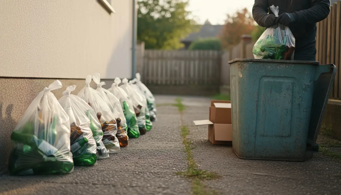 Syv gennemsigtige poser med tomme flasker og nogle papkasser ved en åben genbrugscontainer ved enden af et hus.
