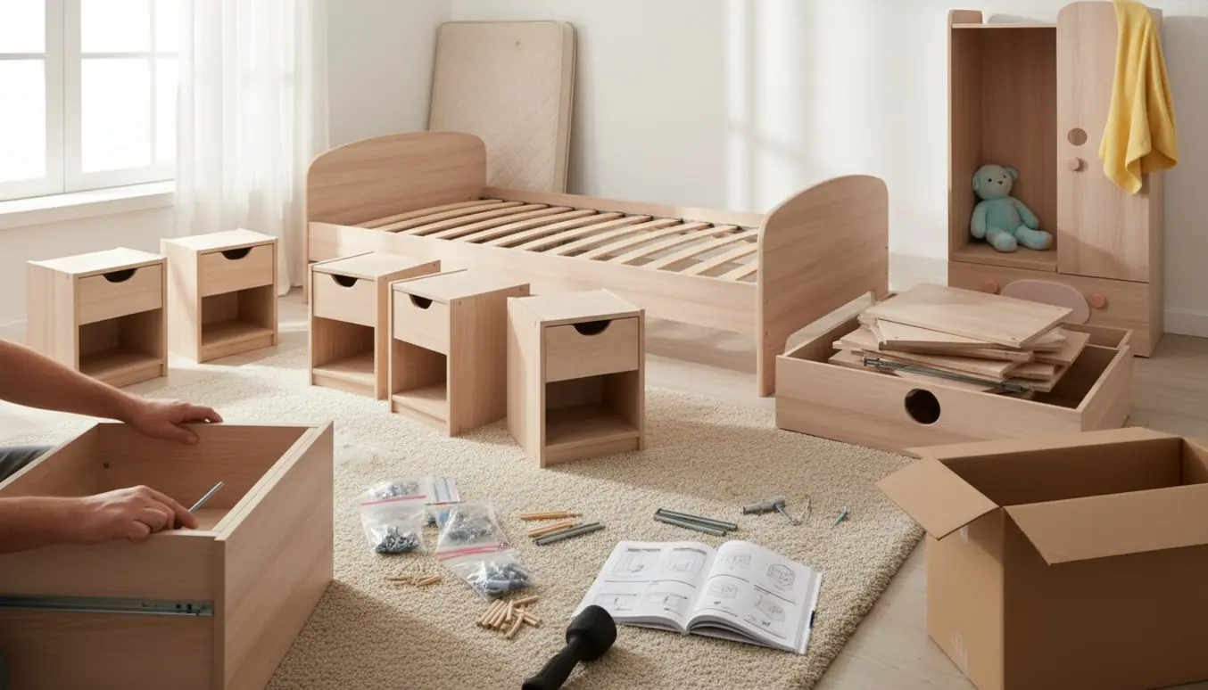 Delvist samlede flademøbler og værktøj i et lyst soveværelse klar til montering.