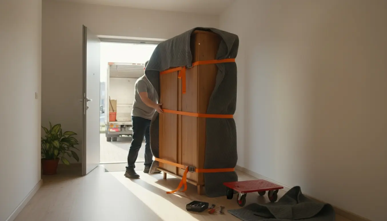 Et klædeskab bæres ind i en elevator i en opgang af to flyttemænd, omgivet af flyttetæpper og en dolly.