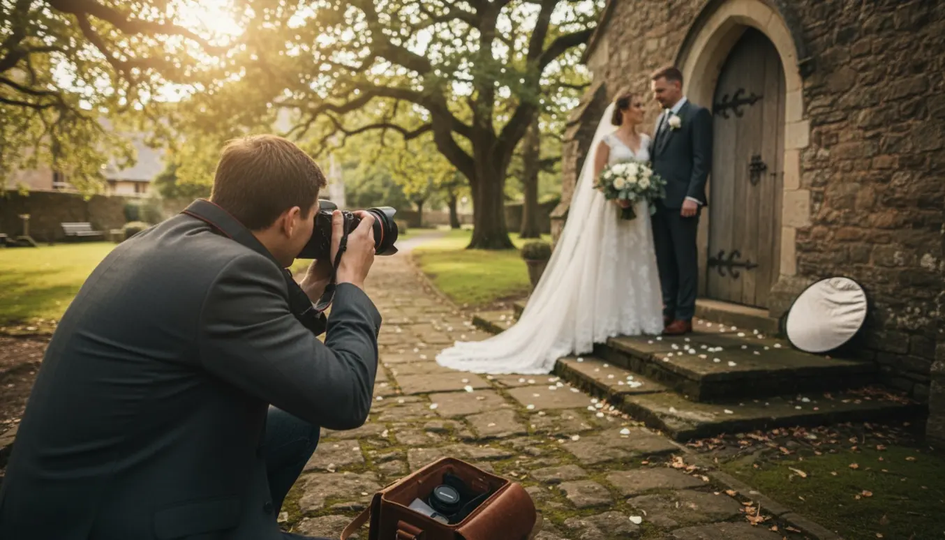 Amatørfotograf tager billeder af et nygift par foran en lille stenkirke i klart dagslys.