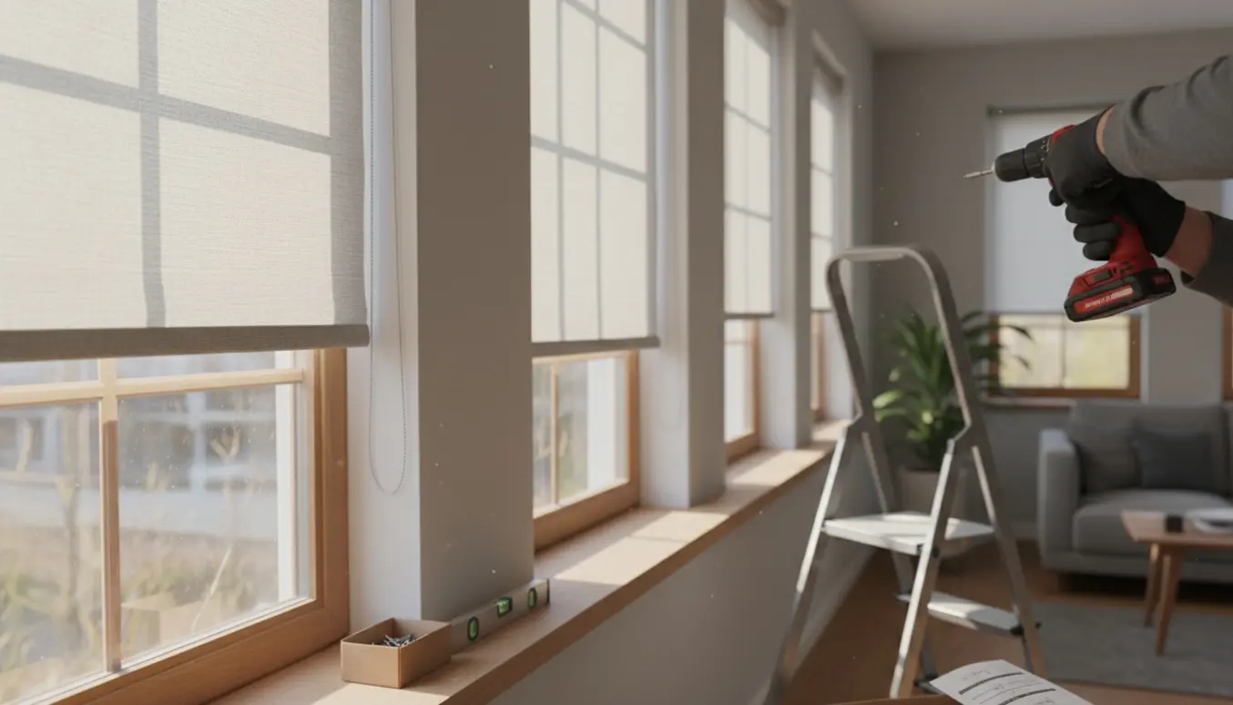 Hænder monterer rullegardiner på fem vinduer i et lyst, moderne rum.