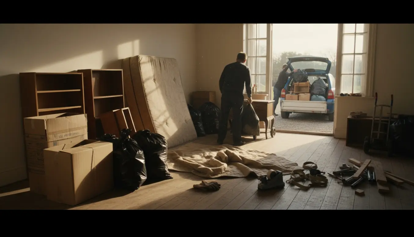 To personer rydder et rum og læsser kasser og møbler i en åben bil på indkørslen.